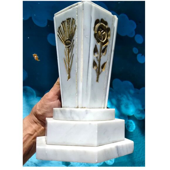 Old Antique White Marble Gold Painted Flowers Stepped Base HEAVY Urn/Vase - Picture 8 of 13